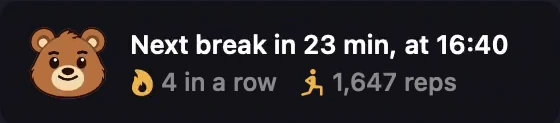 The menu header: Next break in 23 min, at 16:40. 4 in a row, 1,647 reps.